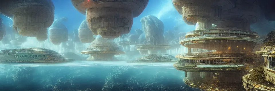 Prompt: a beautiful digital illustration of a sprawling underwater city under a series of domes by Bob Eggleton and beeple | cinematic | unreal engine | octane | photorealistic | horizontal symmetry