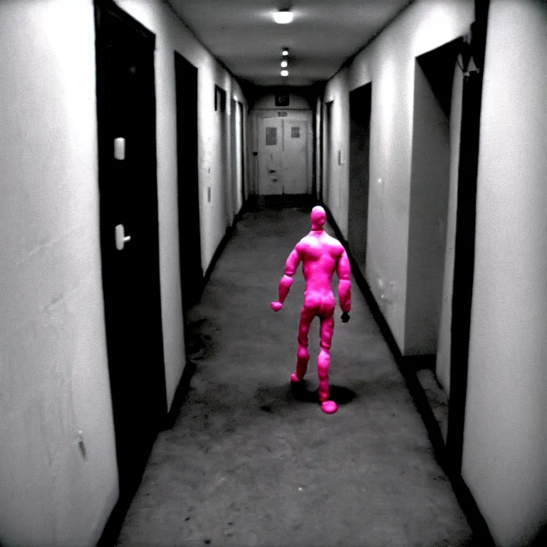 Image similar to a nightmare where a man in a pink morphsuit chases you down a black & white dark hallway, horror, creepy, 3 5 mm, film shot, found footage, scary