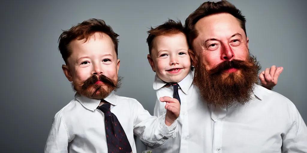 Image similar to toddler elon musk with long mustache and epic beard, 5 0 mm, studio lighting