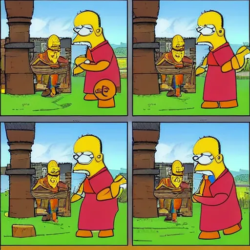 Prompt: Runescape Homer Simpson wearing Bronze Armor during the Falador Massacre