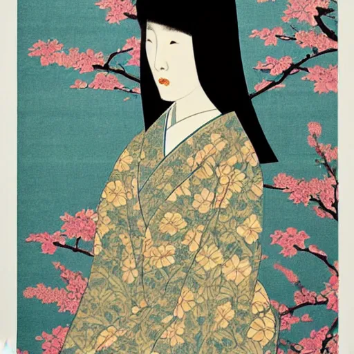 Image similar to woman portrait by ikenaga yasunari and ayana otake and ko rakusui, 6 0 s poster, drawing, realistic, sharp focus, japanese, dreamy, nostalgia, faded, golden hues, floral clothes