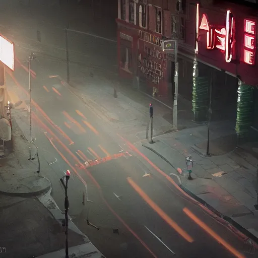 Image similar to A stunningly beautiful award-winning 8K high angle cinematic movie photograph of a dark foggy main intersection in an abandoned 1950s small town at night, by Edward Hopper and David Fincher and Darius Khonji, cinematic lighting, perfect composition, moody low key volumetric light. Color palette from Seven, greens yellows and reds. 2 point perspective