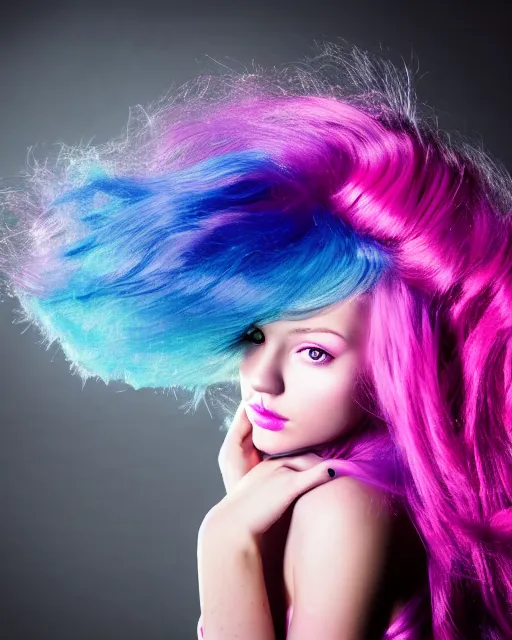 Image similar to a backlight dramatic lighting photo of a beautiful young woman with cotton candy hair. with a little bit of cyan and pink