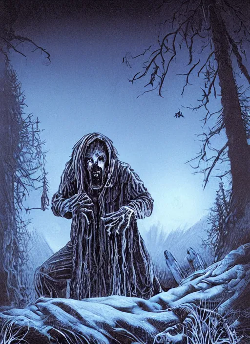 Prompt: horror poster artwork, a zombie outside a cozy cabin in the mountain, at night, by michael whelan, clean