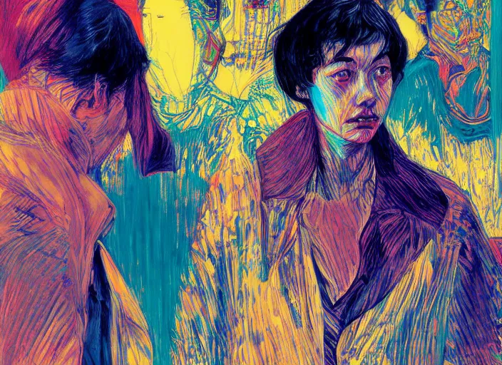 Image similar to people in an airport, portrait face, colorful, in the style of frantisek kupka, intricate, miles johnston, kuroda seiki, cynical realism, painterly, yoshitaka amano, moebius, beautiful lighting, miles johnston, klimt, louise zhang, james jean