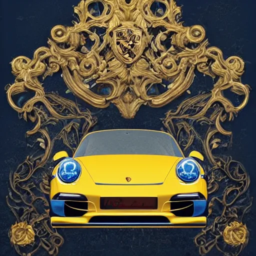 Image similar to black blue yellow porsche 9 1 1, complicated gold and blue flowers the baroque style decoration, dark fantasy, intricate, elegant, highly detailed, digital painting, artstation, concept art, matte, 3 d 8 k octane rendered, sharp focus, illustration, octane rendered, art by artgerm