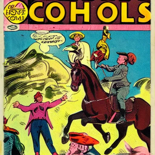 Image similar to a vintage comic book about horse people