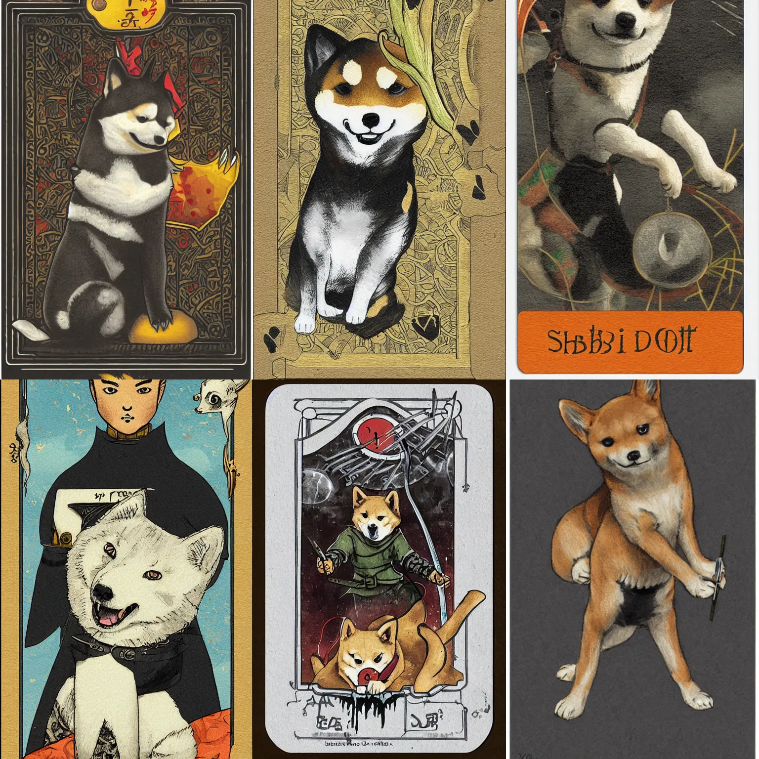 Prompt: tarrot card of death, Shiba Inu, art by Fergus Hall