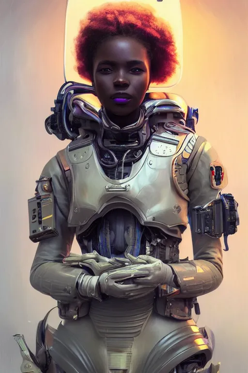 Image similar to portrait futuristic beautiful african Airforce armored pilot Girl, at inside of future fighter aircraft, ssci-fi, fantasy, intricate, very very beautiful, elegant, human anatomy, neon light, highly detailed, digital painting, artstation, concept art, soft light, smooth, sharp focus, illustration, art by tian zi and WLOP and alphonse mucha