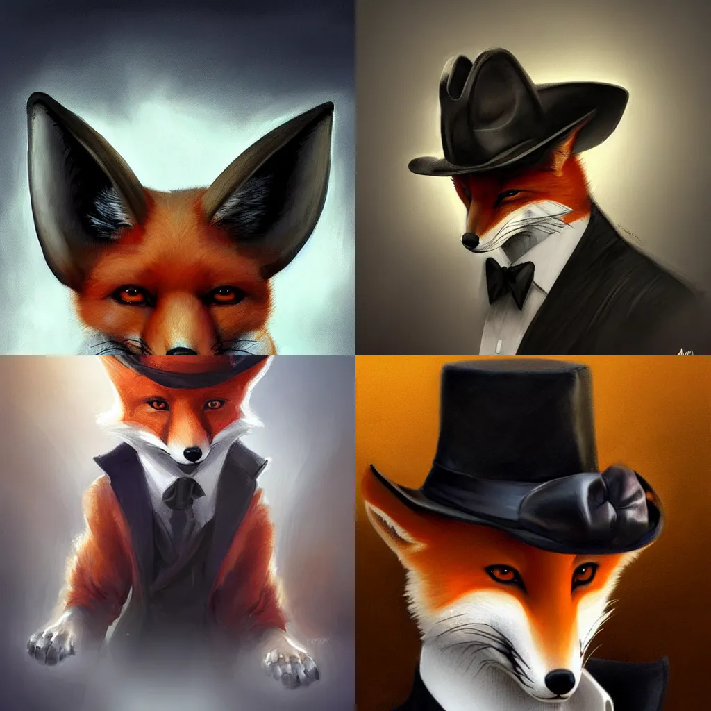 Prompt: A digital painting of a Fox with a mafia hat a Black Tie on a white Shirt, by Stanley Artgerm Lau, frank frazetta, Rossdraws, James Jean, gerald brom, Andrei Riabovitchev, Marc Simonetti, and Sakimichan, trending on artstation, SFW version