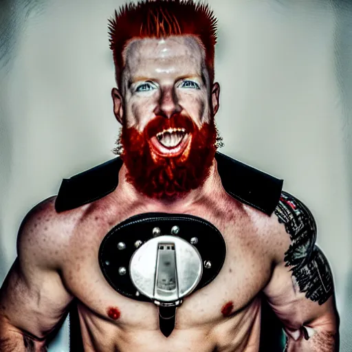 Prompt: Sheamus posing with his champion belt for a magazine photo