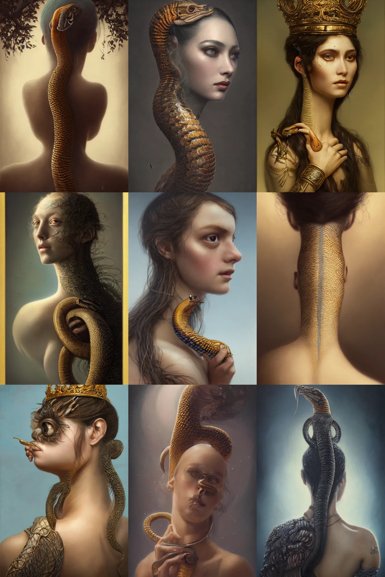 Prompt: a beautiful ultra detailed fine art portrait of a humanoid with a king cobra peering from behind her neck, by tom bagshaw and anna dittman, studio lighting, golden ratio composition, 3 5 mm lens, deep depth of field, artstation, 8 k