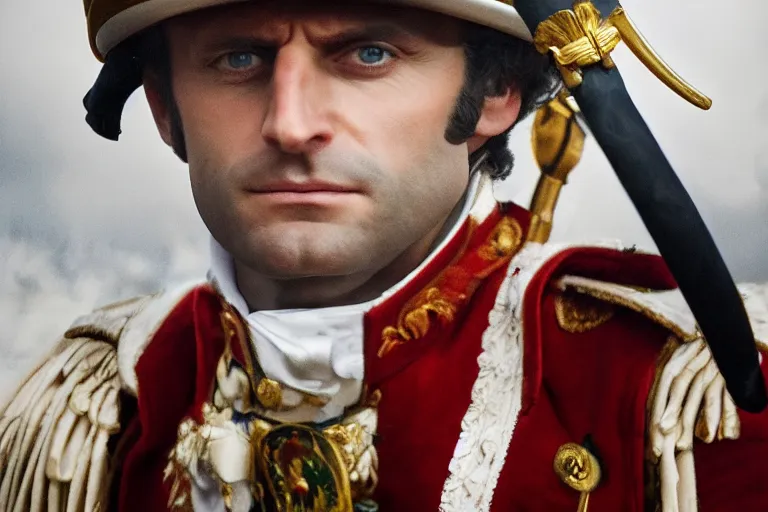 Prompt: closeup portrait of emmanuel macron dressed as napoleon firing the paris gun, natural light, sharp, detailed face, magazine, press, photo, steve mccurry, david lazar, canon, nikon, focus