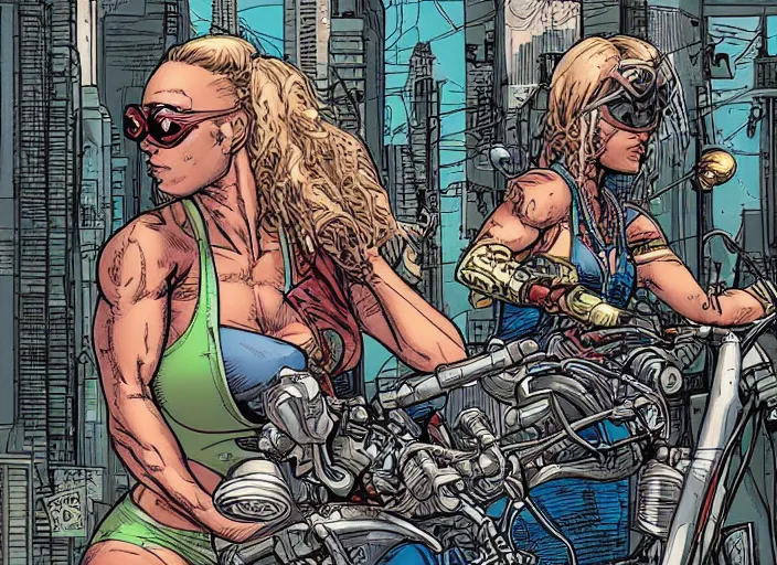 Prompt: a comic book portrait of a female fitness model biker in a cyberpunk city art by Geof Darrow,highly detailed artstation character concept art, full length character, sharp focus