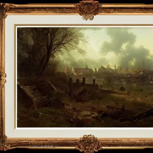 Prompt: post apocalyptic frankfurt, overgrown, landscape, romanticism by andreas achenbach