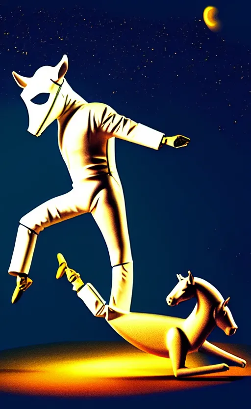 Prompt: man with a horse mask is dancing on crawling astronaut, concept art, fantasia photo