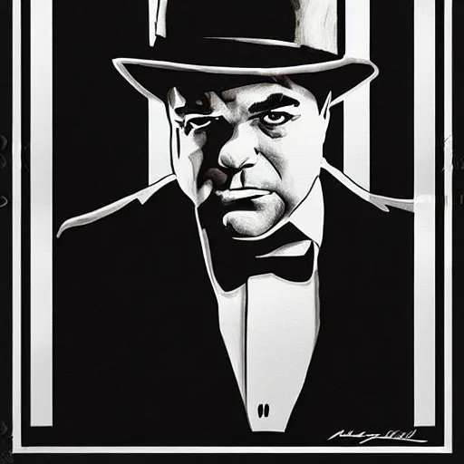 Image similar to a movie poster for a movie about al capone who is played by peter dinklage, based in chicago, gangster, painting, prohibition era, yugioh, photograph, pencil, sketch, text, signature, watermark