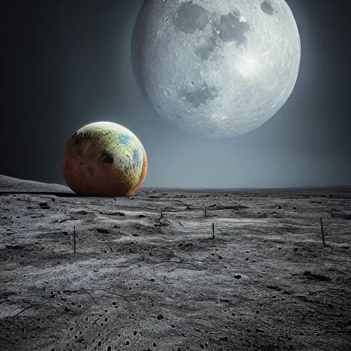 Prompt: a farm on the moon, earth seen in the distance by michal karcz, macabre