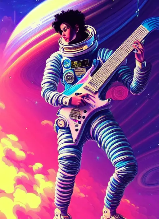 Prompt: hyper detailed ultra sharp painting of a vaporwave cyberpunk astronaut guitar musician. trending on artstation, warpaint aesthetic, earthwave, colorful, psychedelic, ornate, intricate, digital painting, concept art, smooth, sharp focus, full body, floating in space in front of saturn illustration, art by artgerm and darius zawadzki and alphonse mucha, 8 k