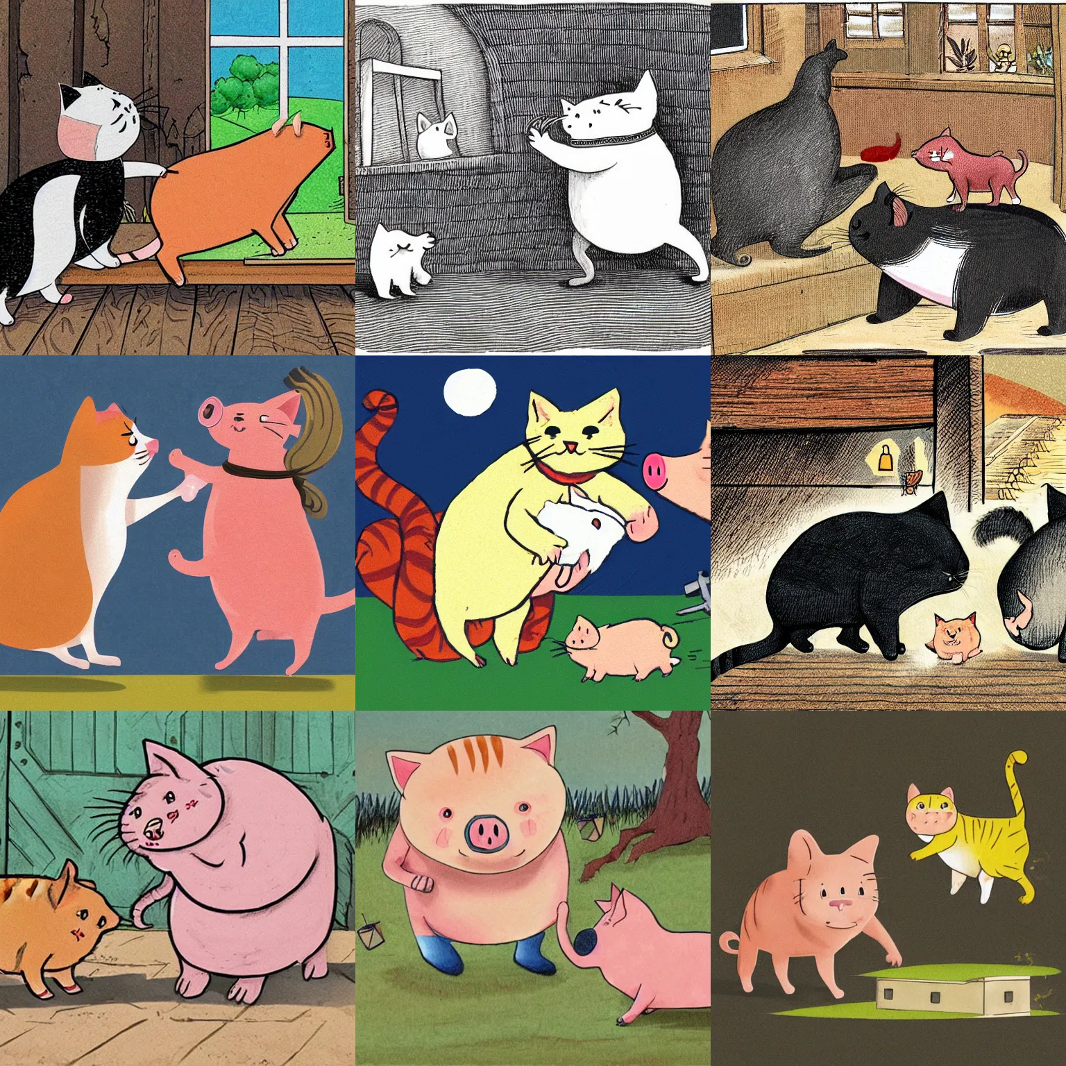 Prompt: cat and pig fight with each other, storybook illustration