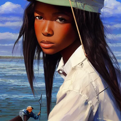 Prompt: oil painting by ilya kuvshinov,, baugh casey, artgerm craig mullins, coby whitmore, of a youthful black girl, long hair, fishing and wearing fisherman's outfit, fisherman's hat, highly detailed, breathtaking face, studio photography, noon, intense bounced light, water reflection, large tree casting shadow, serine intense sunlight