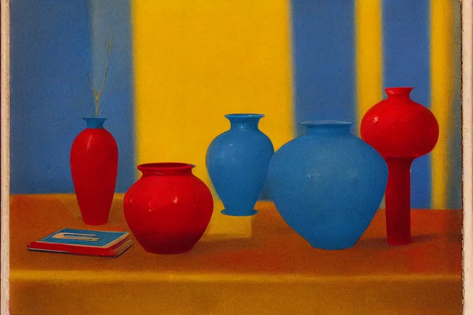Image similar to red cude and yellow vase, blue book, photo