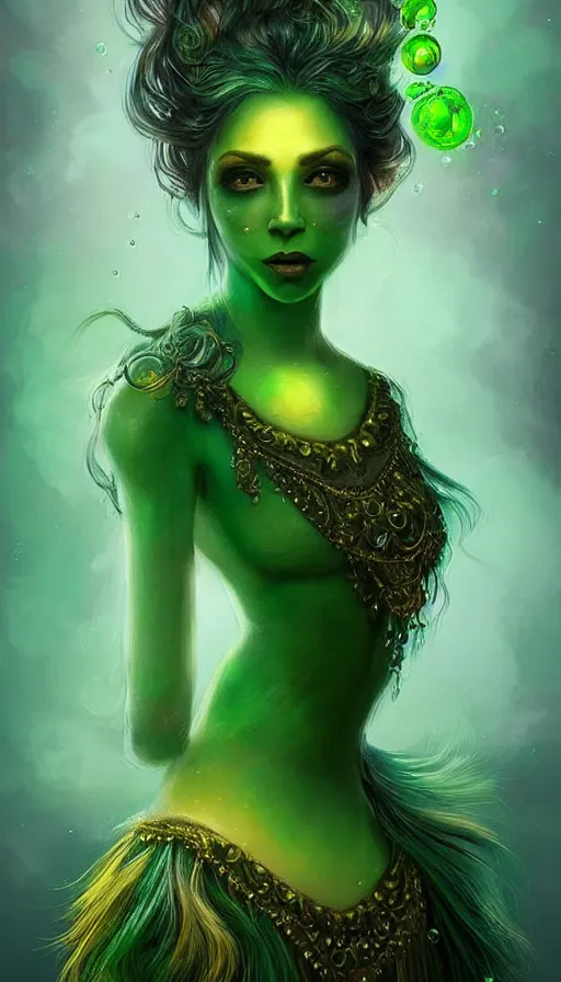 Image similar to unique portrait of magical green ork female , dark fantasy, gradient green black, dreamy and ethereal, (colour) eyes, one head, golden ratio, peaceful expression, ornate frilly dress, fantasy, intricate, elegant, rainbow bubbles, highly detailed, digital painting, artstation, concept art, smooth,b sharp focus, illustration, art by artgerm and greg rutkowski and alphonse mucha