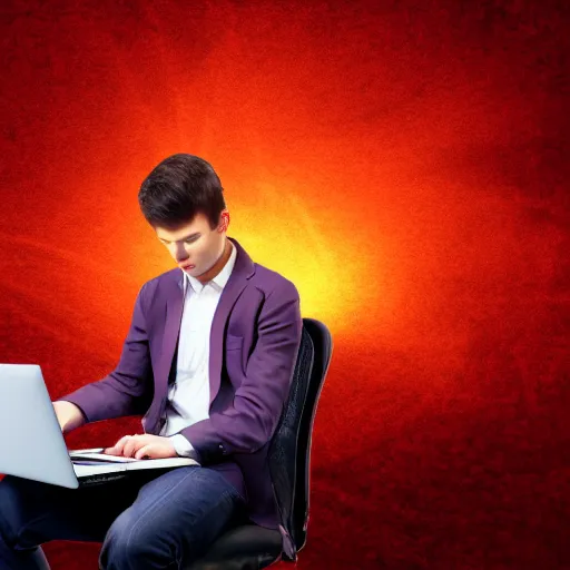 Image similar to a demon programmer gentleman ~ using a laptop ~ lava background ~ sitting on a chair ~, 4 k, ultra hd