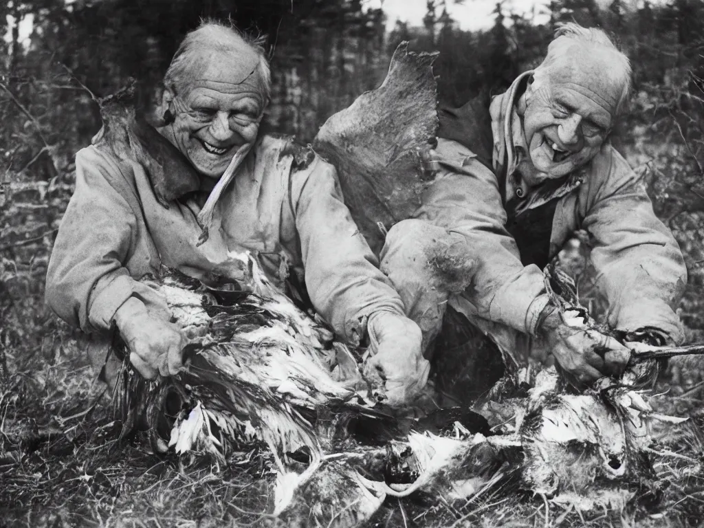 Image similar to happy finnish grandpa gutting a freshly killed moose and smiling to the camera, 1 9 6 6, home album pocket camera photo, detailed facial features, hyper realistic