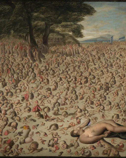 Prompt: the gigantic clothed body of gulliver, a young man from the early 1 7 th century, lies unconscious on a lilliputian beach, surrounded by thousands of tiny lilliputians wearing strange clothes. gulliver is dressed in early 1 7 th century male clothing designed in the style of sandy powell. hyperreal and cinematic, photorealistic, gulliver ’ s travels