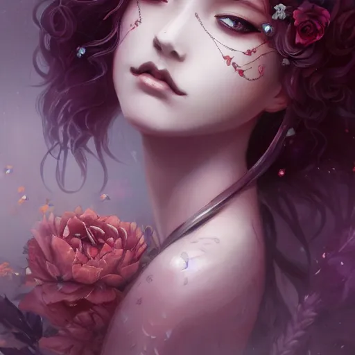 Prompt: stunning anime goddess part skeleton of the floral river flowers, kissing her king in a dark romance, misty, by cgsociety, in the style of charlie bowater, tom bagshaw, intricate, beautiful, artstation 8 k, high resolution