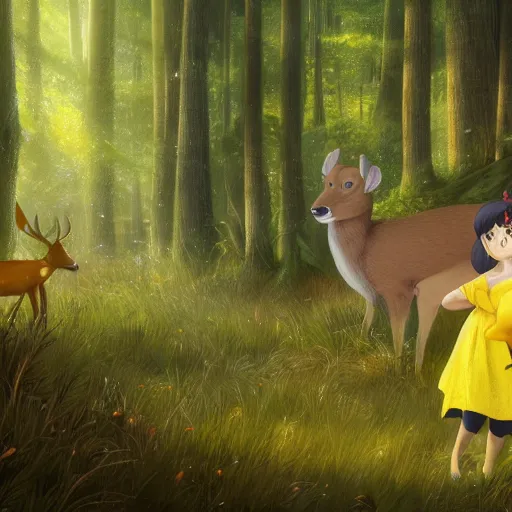 Image similar to concept art painting of an anthropomorphic chubby doe wearing yellow dress, in the deep forest, realistic, detailed, cel shaded, in the style of makoto shinkai and greg rutkowski and james gurney