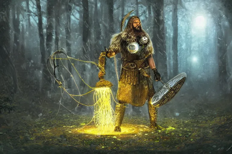 Image similar to mythological warrior viking Shaman of artificial intelligence creating an artificial neural network with yellow synapses on an anvil, dark mystical forest in the background, high resolution, award winning art, trending on art station, sharp image, incredibly detailed, detailed character realistic painting,