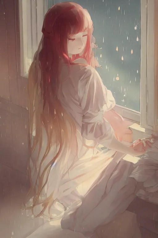 Image similar to a girl in a maid's outfit in the bedroom a night, raining outside the window, orange theme, wavy white long hair, by krenz cushart and mucha and akihito yoshida and greg rutkowski and makoto shinkai, 4 k resolution