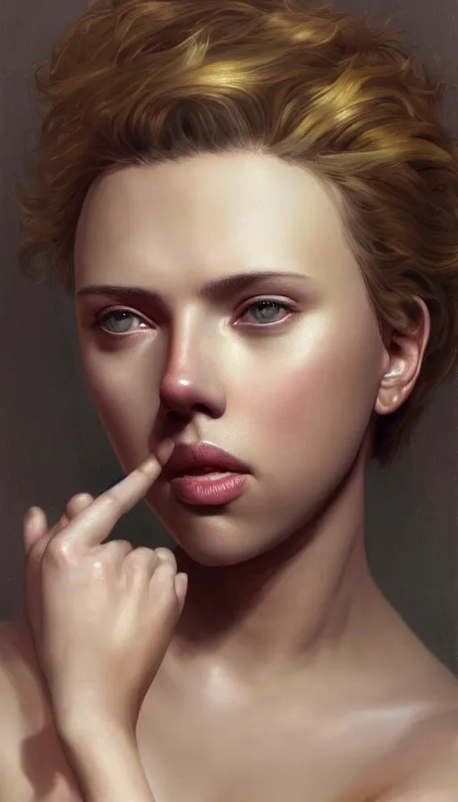 Image similar to epic masterpiece portrait of scarlett johansson, sweaty skin, hyperrealistic, octane render, cinematic, beautiful face and flawless skin, perfect hands, 5 fingers, bronze by Edgar Maxence and Ross Tran and Michael Whelan
