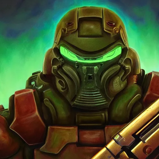 Prompt: doomguy in fornite, artstation hall of fame gallery, editors choice, # 1 digital painting of all time, most beautiful image ever created, emotionally evocative, greatest art ever made, lifetime achievement magnum opus masterpiece, the most amazing breathtaking image with the deepest message ever painted, a thing of beauty beyond imagination or words