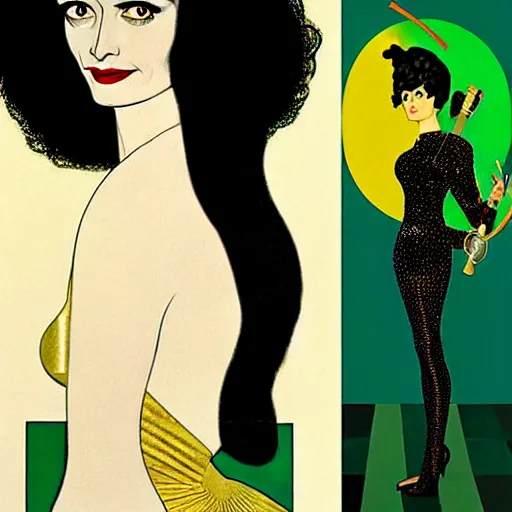 Image similar to Eva Green, Art by Coles Phillips, Gilded outfit, Jet black hair, Green eyes, Portrait of the actress, Elsa Lanchester as Morpheus, geometric art, poster, no text, Mucha, Kandinsky, carbon blac and antique gold