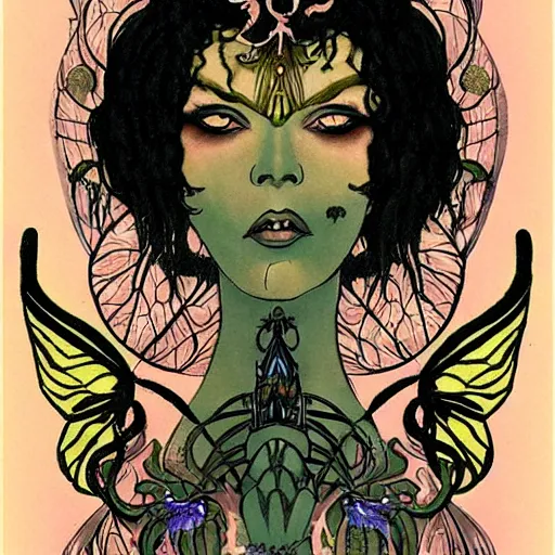 Image similar to Eldritch fairy lovecraft Woman with Art-Nouveau moth wings, black hair, Kali, and the Bodhisattva's Thousand Arms