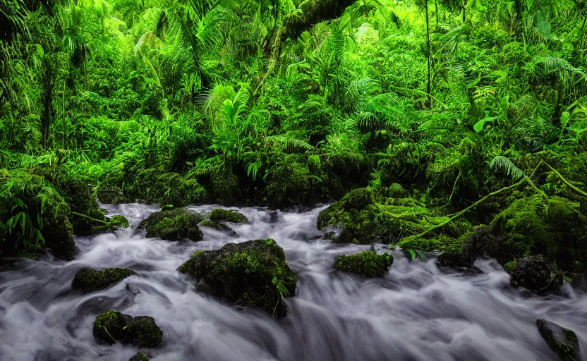 Prompt: A lush beautiful rainforest with a river running through it, 8k dslr photo