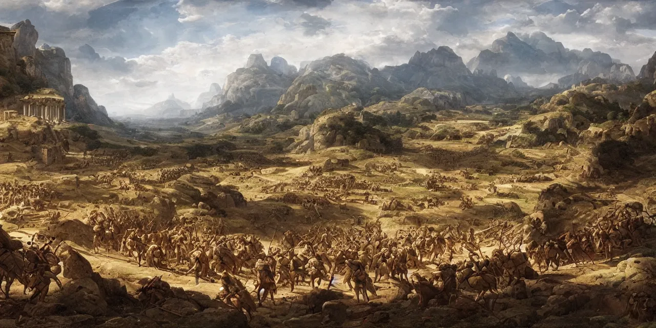 Prompt: Wide shot of epic Italian landscape near river Aufidus, distant battle of Cannae 216 BCE, with republic-era Roman soldiers in formations, Carthaginian phalanxes in formations, by Raphael Lacoste, greg rutkowski, makoto shinkai