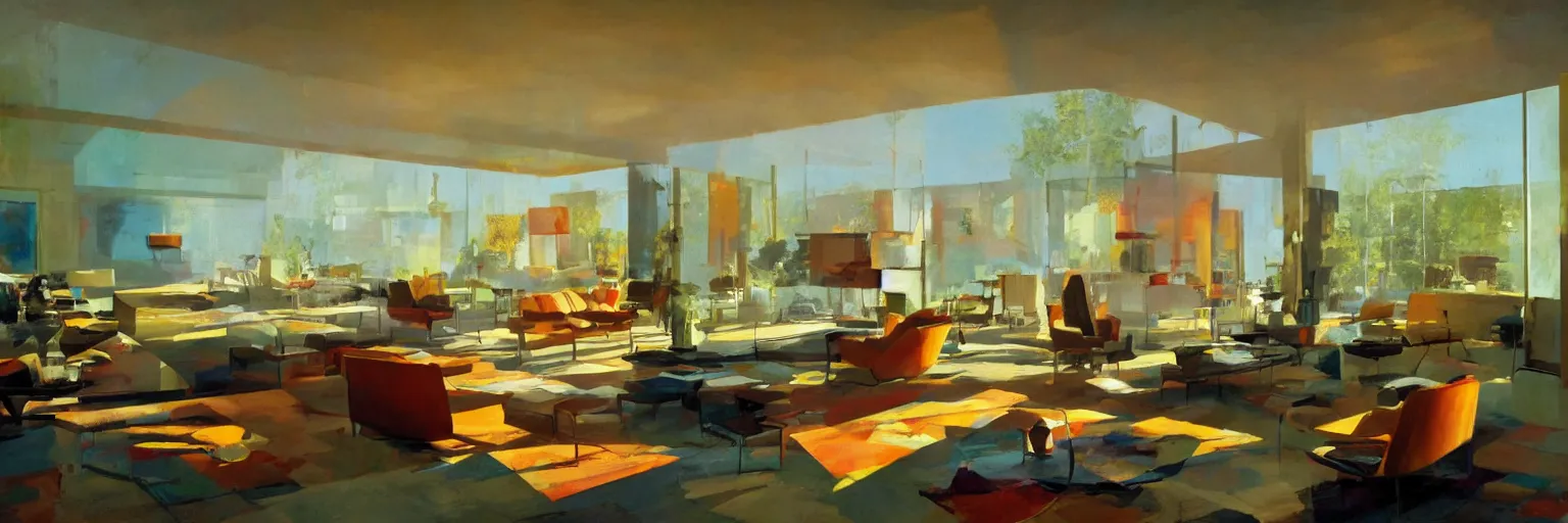 Image similar to midcentury architecture. modernism. rays of light filling the room. warm colors. wide shot. craig mullins.