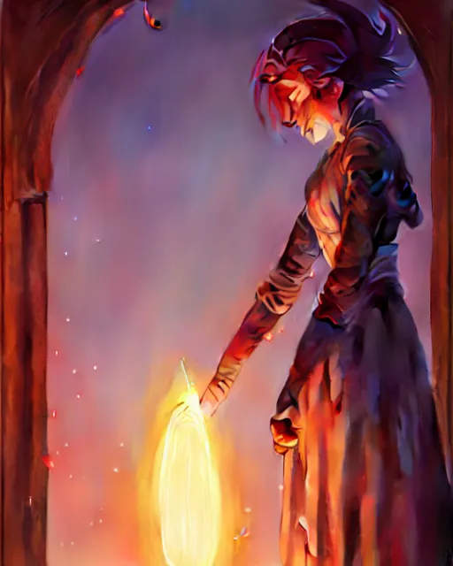 Image similar to highly detailed vfx portrait of a mage casting a light spell, unreal engine, greg rutkowski, loish, rhads, beeple, makoto shinkai and lois van baarle, ilya kuvshinov, rossdraws, tom bagshaw, alphonse mucha, global illumination, detailed and intricate environment