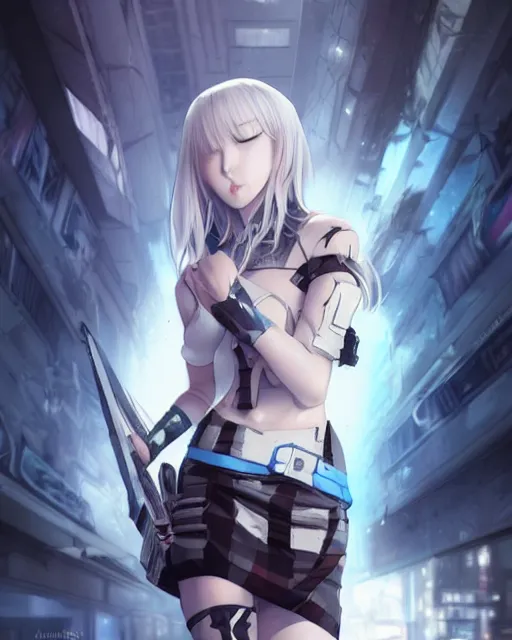 Image similar to The successful warrior is the average man, with laser-like focus, artwork by artgerm, anime, cyberpunk streets in Japan, elegant, seductive, long white hair, knee high socks, extra short blue plaid skirt, white blouse, army boots, full shot, wide-shot, long-shot, fantasy, mystical, magical