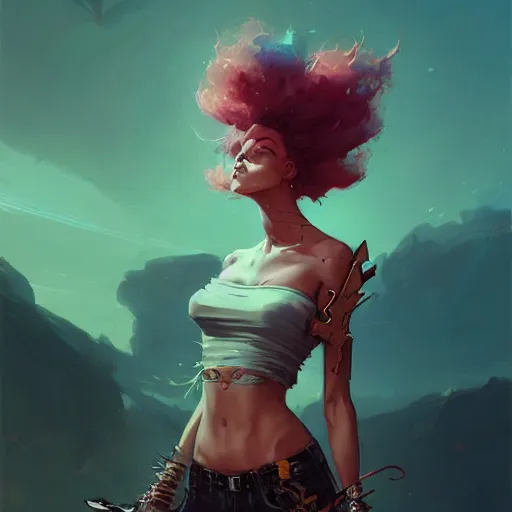 Image similar to a beautiful punkrocker in crop top, concept art by pete mohrbacher and guweiz and ilya kuvshinov, digital art, highly detailed, intricate, sharp focus, trending on artstation hq, deviantart, unreal engine 5, 4 k uhd image