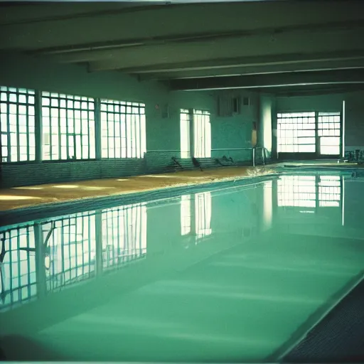 Prompt: an empty indoor swimming, 35mm color film