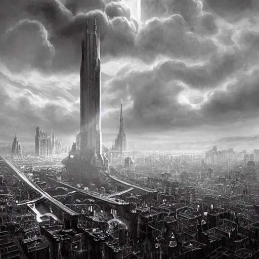 Image similar to an ultra detailed black and white matte painting of a lonely and impossibly tall ominous dark tower elevated high above the city, on an isolated plateau island in a river elevated high above the city fortress tower, fantasy capital city, ultrawide lense, aerial photography, volumetric lighting, exquisite detail, 8 k, art by artgerm and greg rutkowski and alphonse mucha