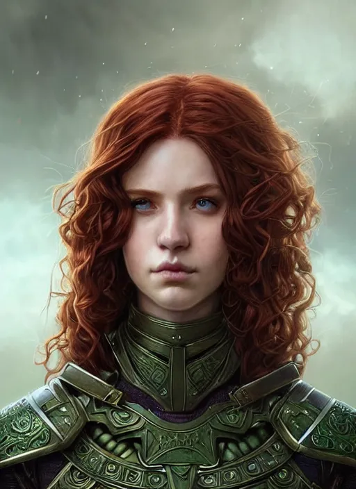 Image similar to ranger, light armor!!! long curly red hair!! covered chest!!! green eyes, fantasy, d & d, intricate ornate details, digital painting, pretty face!!, symmetry, concept art, sharp focus, illustration, art by artgerm! greg rutkowski magali villeneuve wlop! ilya kuvshinov!!, octane render
