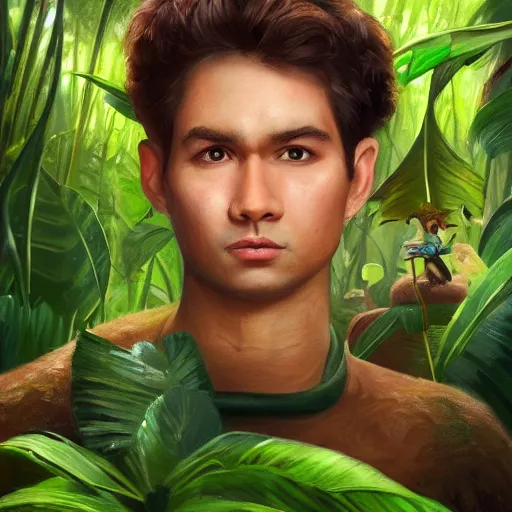 Image similar to a portrait of a hero in a disney jungle movie, oil painting, pale colors, high detail, 8 k, wide angle, trending on artstation,