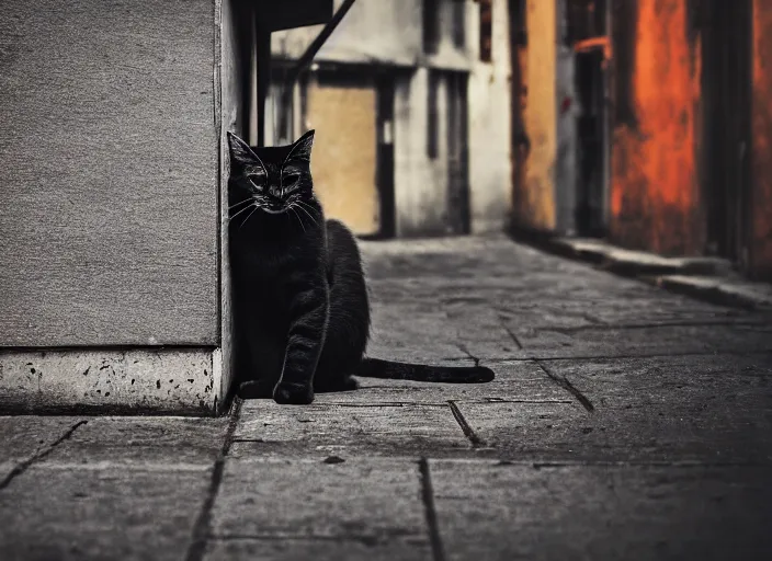 Image similar to photography of a Cat sitting on a box. in a cyberpunk street, award winning photo, colors, 100mm, sharp, high res