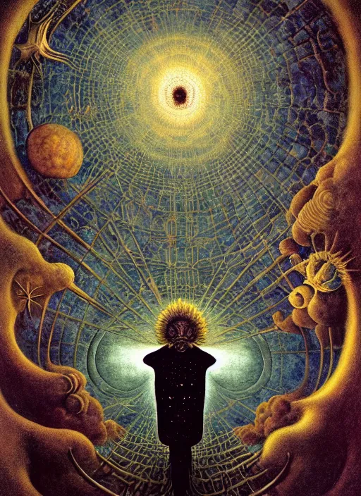 Prompt: antediluvian occult cosmology, panspermia, by remedios varo and daniel arsham and robert hooke and ernst haeckel and agostino arrivabene and joaquin sorolla and martin johnson heade, rule of thirds, vivid colours, negative space, atmospheric, digital painting, artstation, concept art, smooth, sharp focus